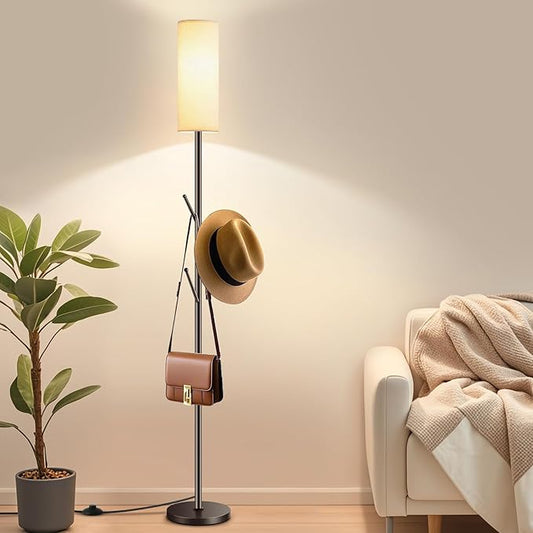Tall Floor Lamp for Living Room,Modern Standing Lamp with 3 Hooks Clothes Rack,Multi-Functional Floor Light with 9W LED Bulb,Adjustable Color Temperature,Dimmable Floor Lamp for Bedroom Office
