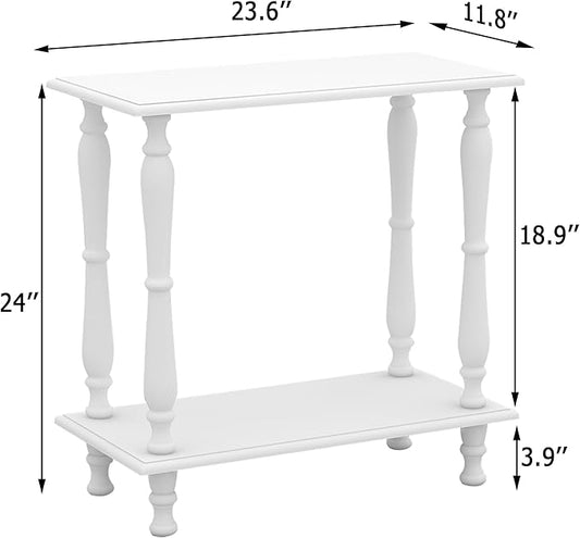 TaoHFE White Narrow Side Table Wooden Vintage End Tables Living Room French Style 24 Inch Sofa Side Table with Open Shelf 2-Tier Retro Bedside Table for Bedroom Living Room Small Space, White