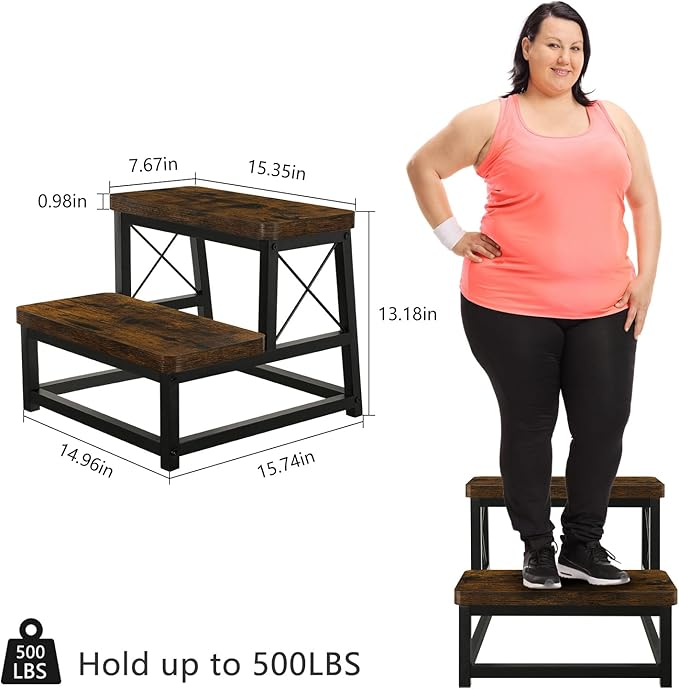 YINMIT Wooden Step Stool for Adults, 2 Tier Heavy Duty Step Stool for High Bed with Non-Slip Feet, Using for Bedroom, Living Room, Bathroom and Kitchen, Hold Up to 500 LBS