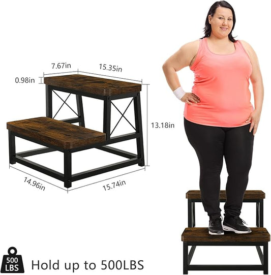 YINMIT Wooden Step Stool for Adults, 2 Tier Heavy Duty Step Stool for High Bed with Non-Slip Feet, Using for Bedroom, Living Room, Bathroom and Kitchen, Hold Up to 500 LBS
