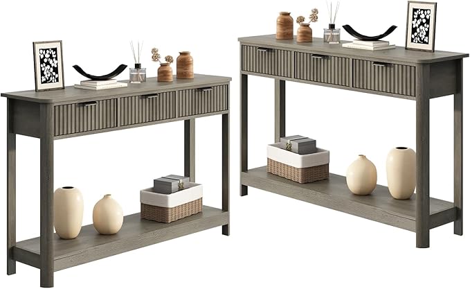 Set of 2 Console Table with Drawers, Modern 47.1" Entryway Table with Storage Shelf, Boho Narrow Skinny Behind Couch Wood Sofa Table for Living Room Hallway Entrance Foyer,Washed Oak