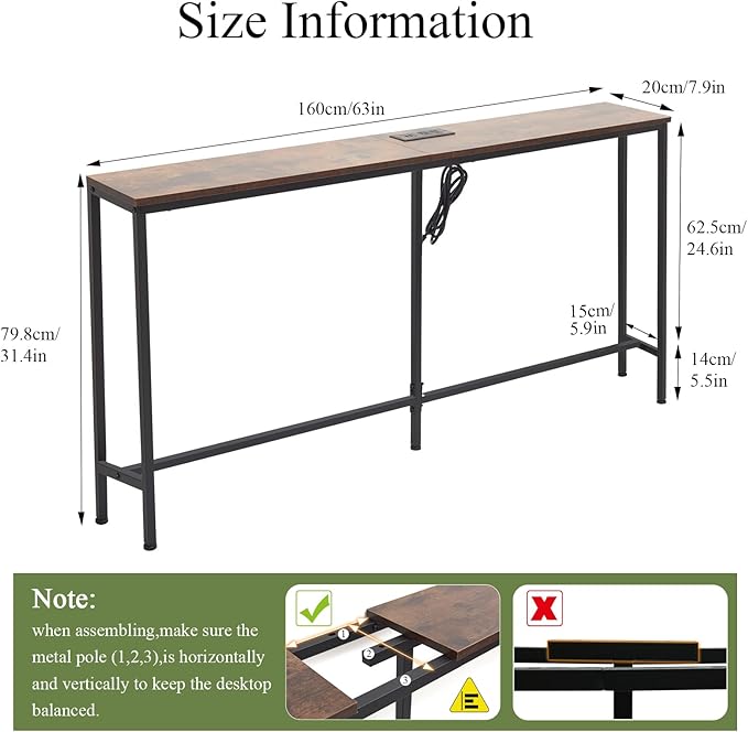 63 Inch Sofa Table，Narrow Console Table with Power Outlet，Slim Entryway Table for Living Room,Hallway,Bedroom(Rustic Brown)