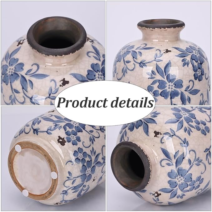 Chinoiserie Vase - 7.9" Tall Chinoiserie Decor Ice Crackle Vintage Blue and White Floral Vase, Farmhouse Country Home Decor, Living Room, Dining Table, Fireplace and Entryway Decor Centerpieces
