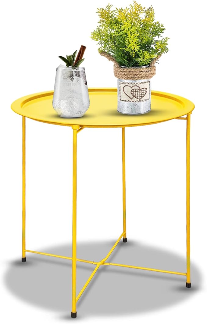 VILAWLENCE Metal End Table Side Table Round Folding Tray, Sofa Grey Small Accent Fold-able Side Table Tray,Outdoor Side Sofa Table, Snack Table for Living Room and Bed Room 18.5 in (Yellow)
