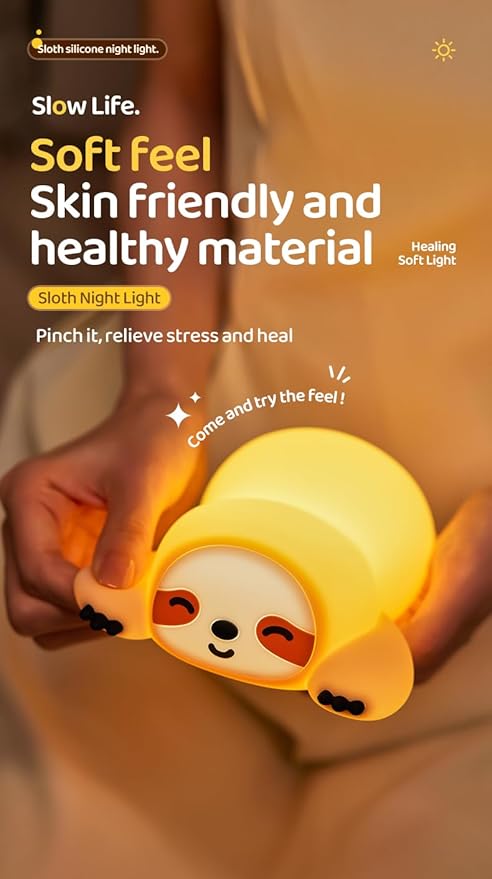 Cute Sloth Night Light, Animal Lamp, Food Grade Silicone, Rechargeable, 3 Level Dimmable, Squishy Nursery Nightlight for Desk Decor, Funny Gifts Stuff for Boys Girls Baby, White Elephant Gifts