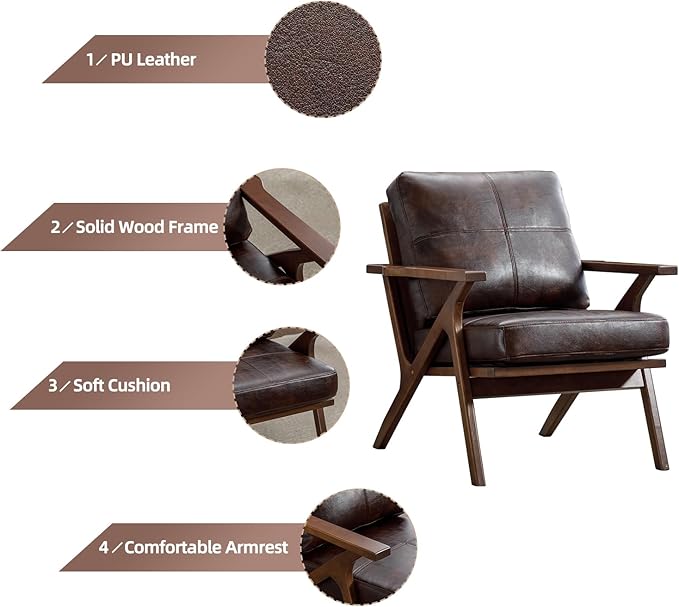 INZOY Mid-Century Modern Accent Chair with Wood Frame Set of 2, PU Leather Living Room Chair and Soft Thick Padded Armchair for Living Room Bedroom Reception with Removable Upholstered Cushions, Brown