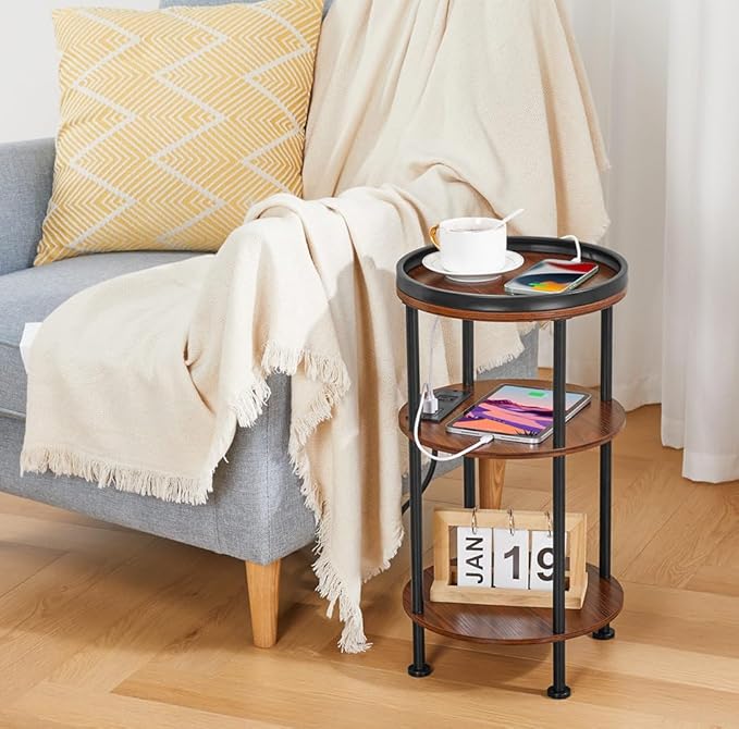 Small Round Side Table with Charging Station for Small Spaces, 3-Tier Accent Table with USB Ports & Power Outlets, Sofa Corner Tea Table for Living Room Nightstand Bedroom Apartment (USB, Cherry)
