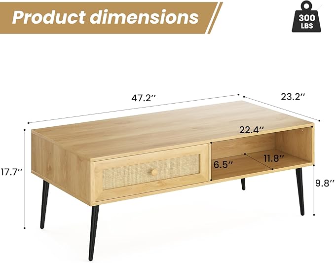 Farini Mid-Century Modern Coffee Table, 47 Inch Rectangle Console Table with Drawer & Shelf, Wooden Coffee Table for Living Room, Office, Nature