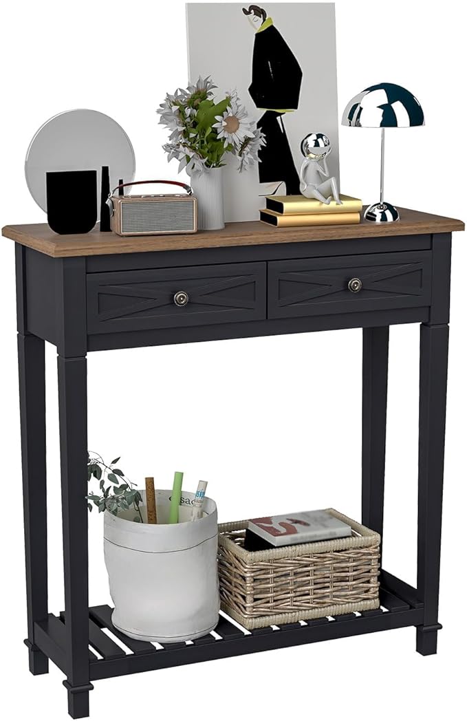 kinbor Narrow Console Table with Shelf ＆ Drawers Small Entryway Table Hallway Table for Entryway Living Room Bedroom Foyer Office Black