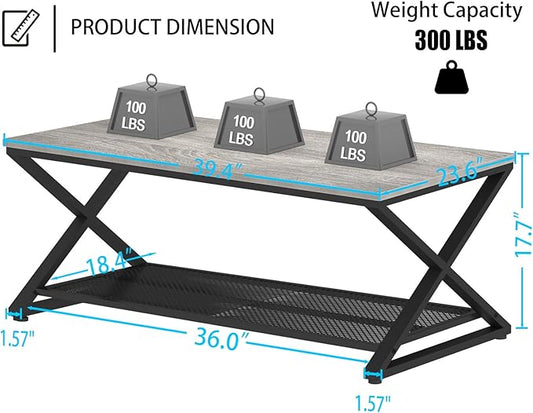 LVB Gray Coffee Table with Storage, Farmhouse Metal Wood 2 Tier Center Table for Living Room, Industrial Wooden Rectangular Concrete Tables with Mesh Shelf for Office Bedroom, 39 inch, Light Grey Oak