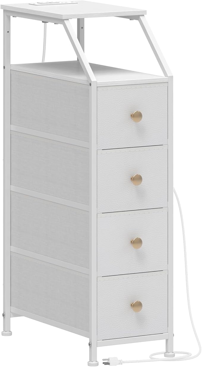 Tohomeor Narrow Dresser Tall Skinny Storage Tower Vertical Slim Chest of Drawers with Charging Station Small Nightstand Side Table for Bedroom, Bathroom, Small Spaces (White, 4 Drawers)
