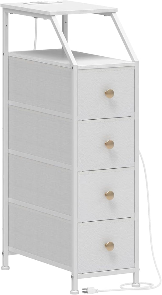 Tohomeor Narrow Dresser Tall Skinny Storage Tower Vertical Slim Chest of Drawers with Charging Station Small Nightstand Side Table for Bedroom, Bathroom, Small Spaces (White, 4 Drawers)