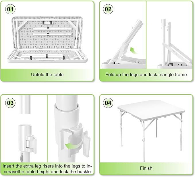 34" Folding Table, Portable Square Card Table with Collapsible Legs and Carrrying Handle, White Plastic Foldable Tables for Camping, Picnic, Office, Party, Events, Puzzle, Games, Working