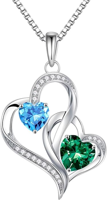 Iefil Christmas Gifts for Women - Double Heart Birthstone Necklace, 925 Sterling Silver Heart Pendant Necklace, Anniversary Birthday Gifts for Women | Personalized Jewelry Gift for Wife Mom Girlfriend