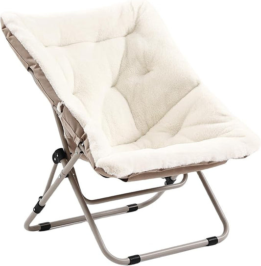 Living Room Chair, Soft Faux Fur Folded Chair Oversized Folding Accent Chair, Furry Lounge Lazy Chair, Metal Frame Moon Chair for Bedroom, Living Room