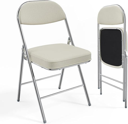 VINGLI 2 Pack Folding Chairs with Padded Seat & Backrest, Metal Frame, Durable Corduroy Fabric, 350 lbs Capacity, Set of 2, Off-White – Ideal for Weddings, Parties, Office Events
