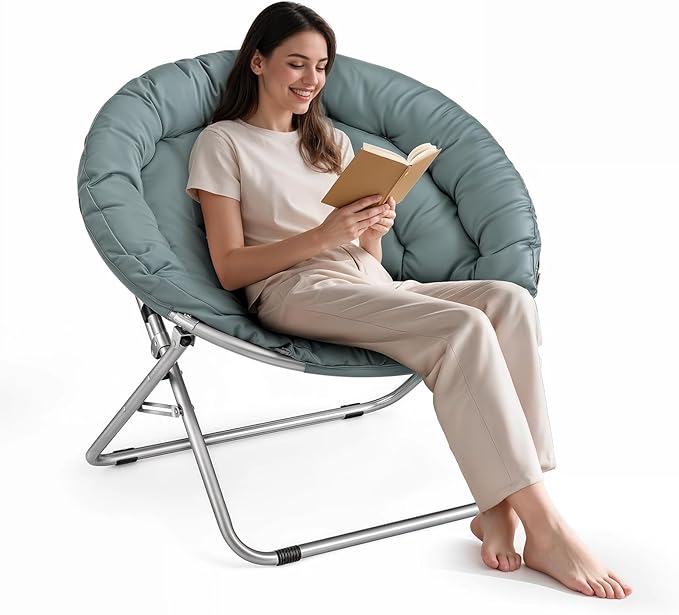 Athena Collection Comfy Saucer Chair Folding Cozy Chair for Bed Room Living Room Accent Chair Fabric Reading Chair Foldable Metal Frame Lazy Chair Moon Chair for Adult, Teal - Silver Stand