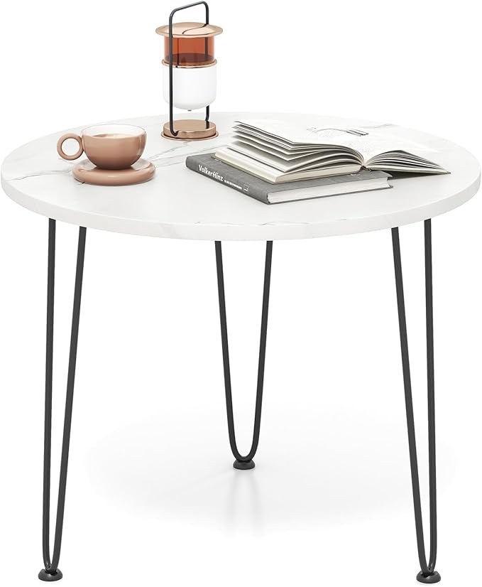 Giantex Round Coffee Table, Faux Marble Center Table with Metal Legs, Sofa Accent Side Table, Modren Coffee Tables for Living Room, Bedroom, Balcony, Small Space (White)