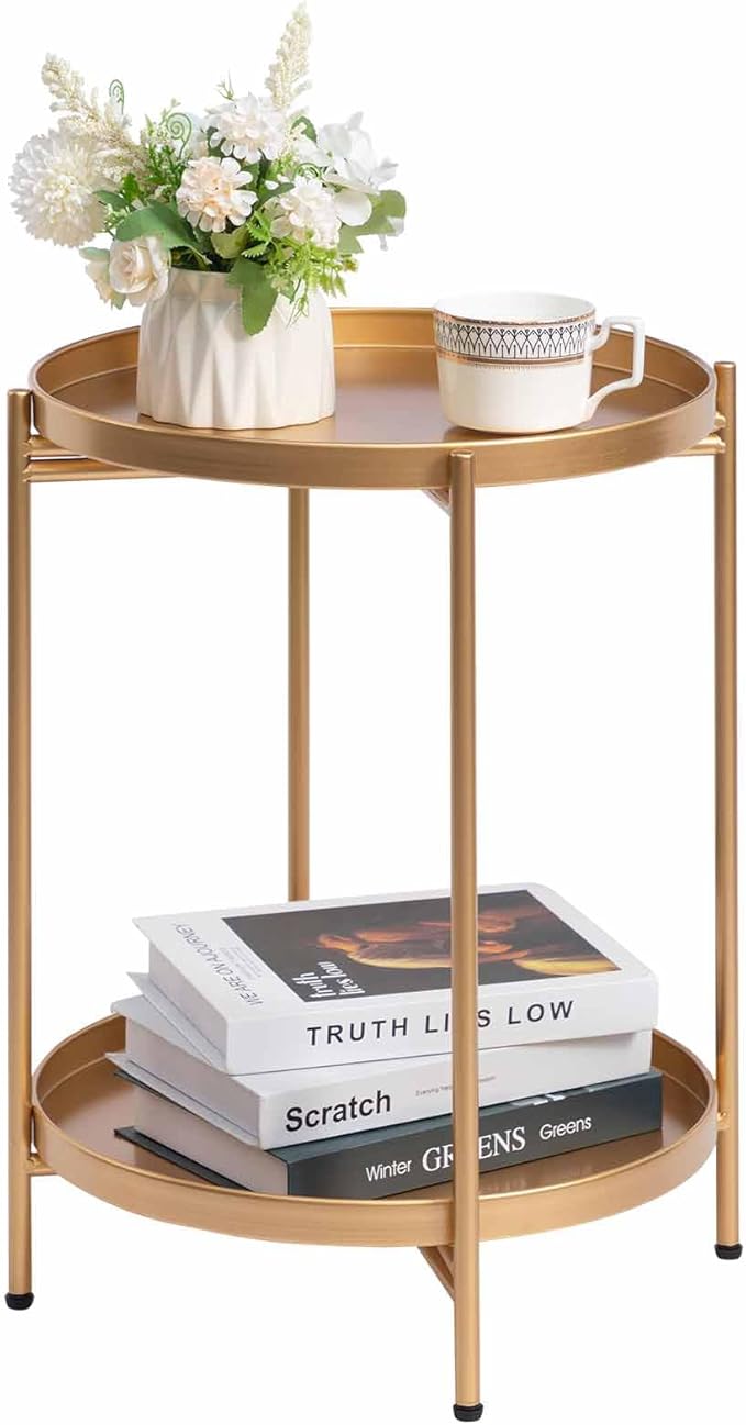 HollyHOME 2-Tier Round Gold Side Table, Outdoor Small Folding Accent Stand with Removable Tray, Anti-Rust Metal Asional Table for Balcony Patio Living Room, Nightstand for Bedroom(Gold)