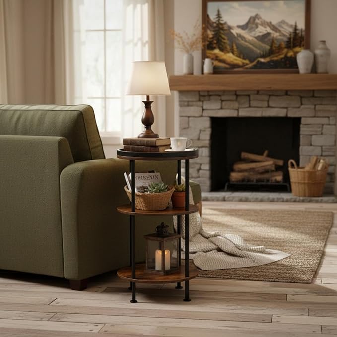 Small Round Side Table with Tray Top (Patented Design), 11.8" Narrow End Table for Small Spaces, 3-Tier Industrial Nightstand, Original Rustic Accent Furniture for Living Room Bedroom, Rustic Brown