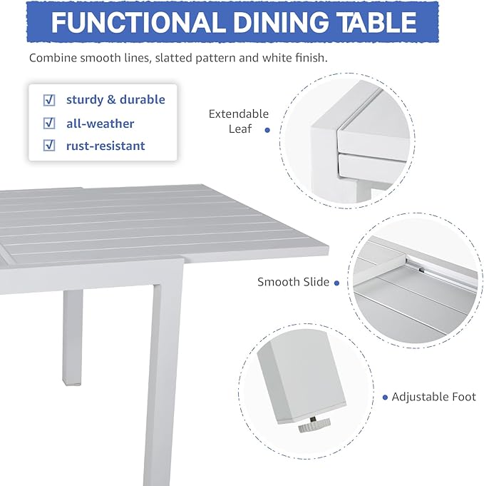 Soleil Jardin Aluminum Patio Extendable Dining Table, 35" - 71", Adjustable Indoor Outdoor Furniture Rectangle Table for 4-6 Person Porch Deck Garden, White