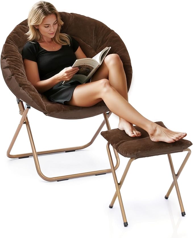 Athena Collection Modern Brown Faux Fur Velvet Saucer Foldable Round Cozy Accent Chair with Ottoman, 300lbs Weight Capacity, Perfect for Bedroom, Living Room, Outdoor Use