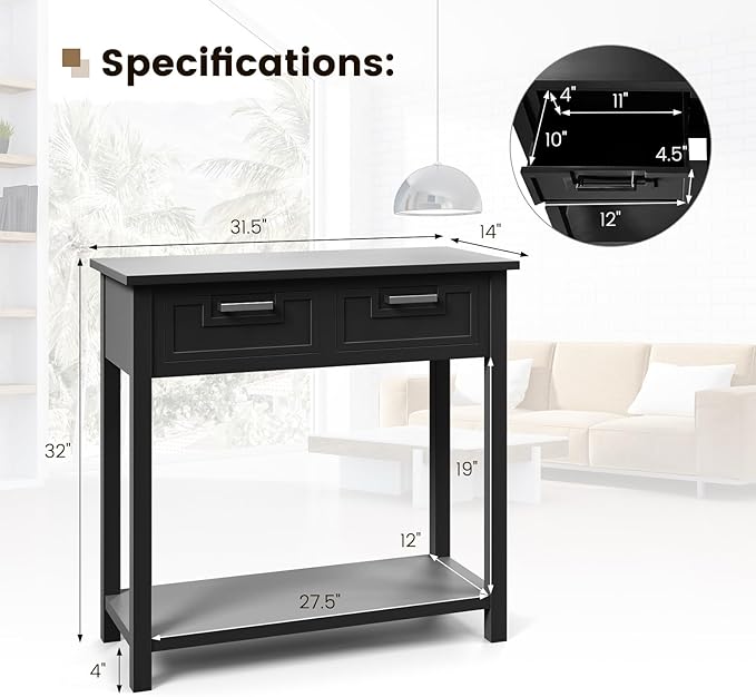 GOFLAME Small Console Table with 2 Drawers, 31” Entry Table with Storage Shelf, Modern, Narrow Sofa Table for Living Room, Hallway, Entrance (Black)