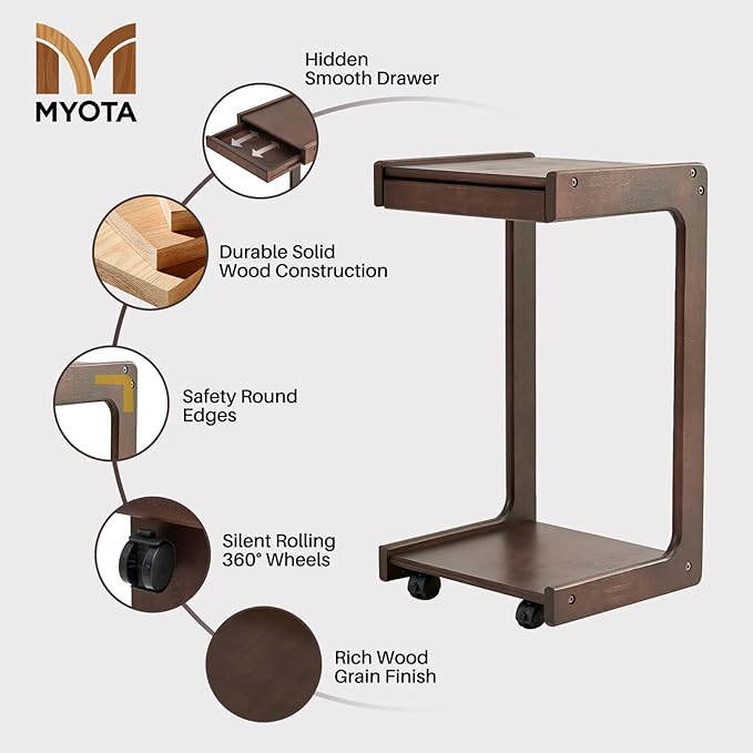 Wood Side Table for Couch - C Shaped Rolling End Table with Wheels, Wooden Modern Small Tv Tray Bedside Tables with Drawer for Sofa Armchair Living Room Bedroom, Walnut, 13 in x 14.4 in x 26 in