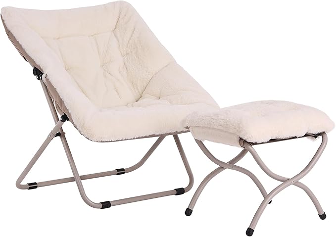 Saucer Chair with Ottoman, Oversized Dorm Chairs, X-Large Faux Fur Folding Chair, Foldable Metal Frame Chair for Bedroom, Living Room (Beige)
