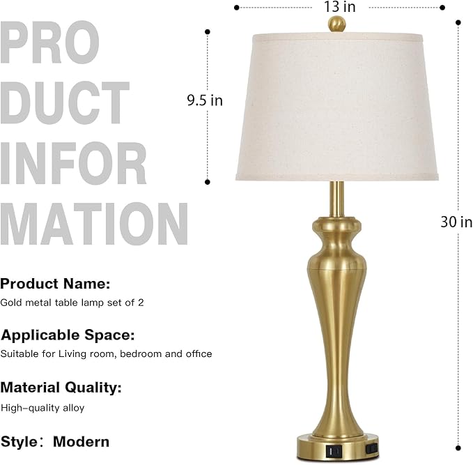 30" Gold Tall Table Lamps for Living Room, Touch Control Bedroom Lamp with USB A+C Ports and AC Outlet, 3-Way Dimmable Bedside Table Lamps Set of 2, Modern Metal Lamp for Nightstand