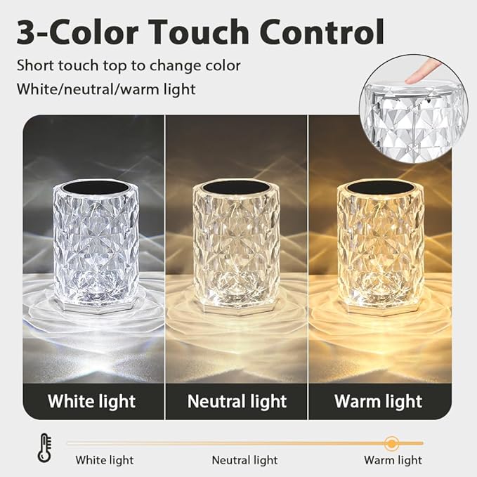 Portable Crystal Table Lamp, 3-Color Touch Control Rechargeable, 3-Levels Brightness Room Decor, Crystal Bedside Night Light for Kids, Bedroom & Dining Room (3-Color Rose)