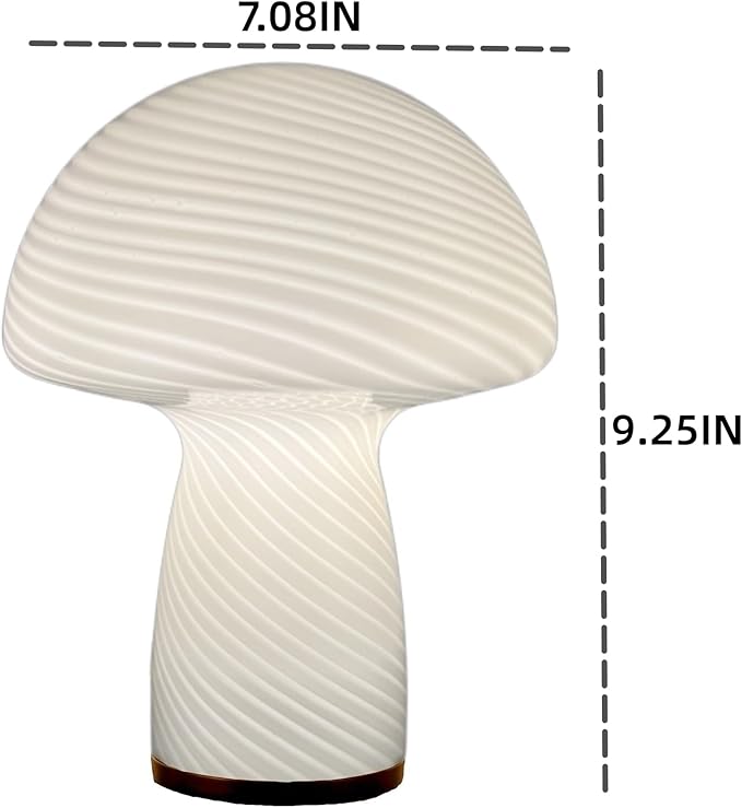 Dimmable Mushroom lamp,Glass Mushroom Bedside Table Lamp Translucent Vintage Style Striped Small Nightstand Desk lamp Swirl Light for Home Decor, Dining, Living, Bedroom, Gift.（Stripe White）