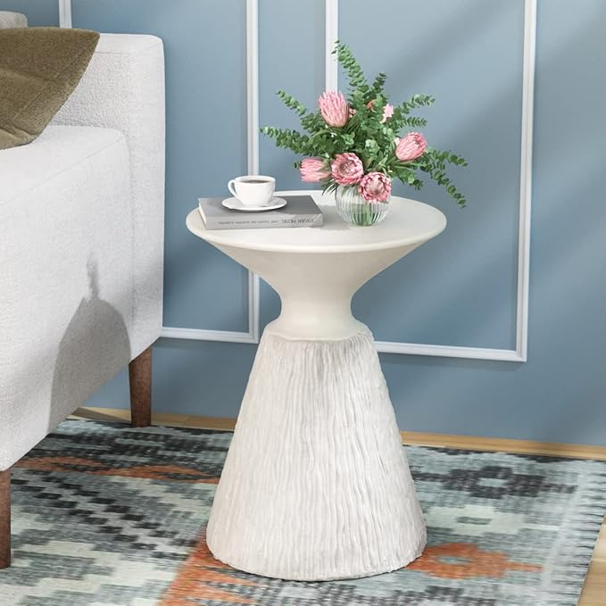 SUNBURY White Outdoor Side Table, Concrete Side Table, Mushroom Round Accent Table Plant Stand,Outside End Marble Garden Stool for Patio, Poolside, White