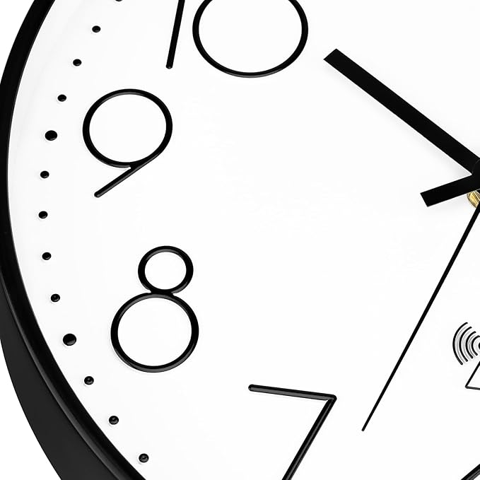 Foxtop Atomic Wall Clock Battery Operated Round Analog Modern Wall Clock Sets Automatically for Office Classroom Bedroom Kitchen Living Room (Black)