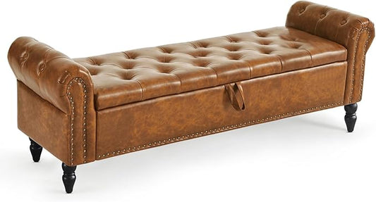 Furniliving 63” End of Bed Bench, Bedroom Bench with Button-Tufted, Large Upholstered Storage Ottoman Benches Entryway Bench with Storage Shoe Cabinet Bench, for Bedroom, Living Room, PU, Brown
