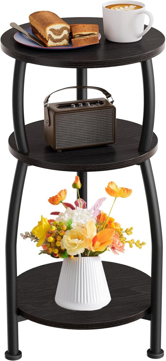 Small Round Side Table, 3-Tier End Table with Storage Shelf, Slim Sofa Table Coffee Table, Sturdy & Easy Assemble Nightstand for Small Spaces, Living Room Bedroom Corner, Black