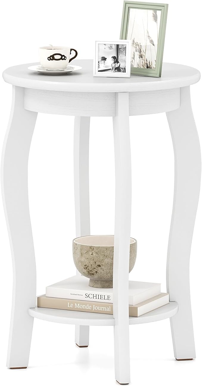 Giantex Round End Table, Wooden Side Table with Storage Shelf, Small Nightstand with Solid Wood Legs, 2-Tier Accent Table for Living Room Bedroom, White