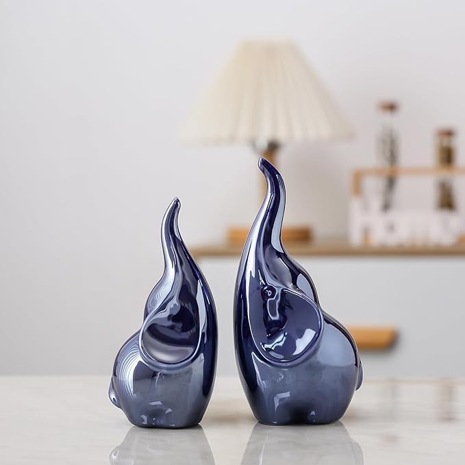Ceramic Elephant Figurines with Trunk Up, Pair Couples Loving Elephant Statue, Small Figurines Sculpture African Home Decor, Valentine Elephants Gifts for Women, Wedding Knick Knacks（Blue）