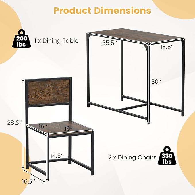 COSTWAY Small Dining Table for 2, Industrial Table and Chairs Set w/Metal Frame, Wood Grain Surface, 3-Piece Dinette Set, Space-Saving Kitchen Table Set for Small Place, Apartment, Home (Rustic Brown)