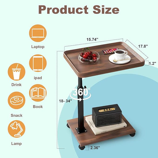 Gets Adjustable Height Sofa Tray Table for Couch,360°Swivel TV Tray for Small Spaces,C Table End Table with Wheels for Eating, Livingroom, Bedroom, Sofa-Walnut,15.8" X 11.8" X 31.5"
