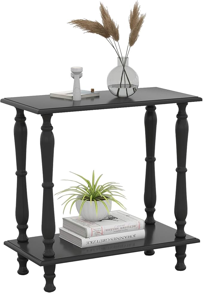 TaoHFE Narrow End Table - 2-Tier European Style Vintage Side Table for Living Room, Bedroom, Small Spaces - Black Wooden Retro Bedside Table