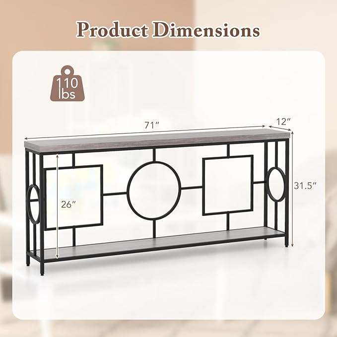 Giantex 71" Console Table, 2-Tier Extra-Long Entryway Table w/Storage Shelf, Faux Wood Top, Narrow Sofa Table with Geometric Frame, Behind Couch Entry Table for Living Room, Hallway, Foyer