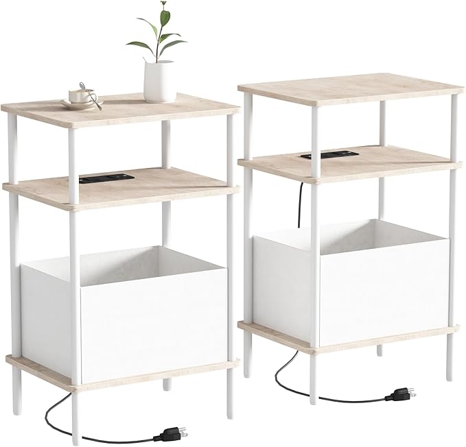 Small Side Table with Charging Station, Set of 2 End Table for Small Spaces, Slim Nightstand with Outlet,Sofa Beside Table, 3-Tier Storage Shelf,Living Room, Bed Room, Natrual Oak