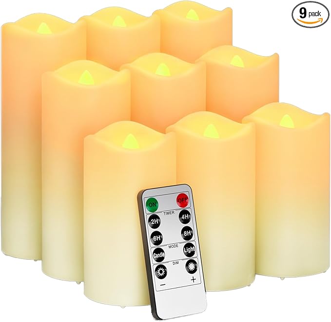 Flickering Flameless Candles, Realistic Battery Operated Candle with Timer, 18 AA Batteries Included, Set of 9 Outdoor Indoor Decor with 10-Key Remote LED Flameless Candle, Birthday Gifts for Him, Her