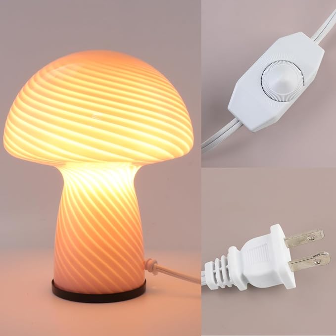 Dimmable Mushroom lamp,Pink Glass Mushroom Bedside Table Lamp Translucent Vintage Style Small Nightstand Desklamp for Home Decor, Dining, Living, Bedroom, Gift (Striped Pink)