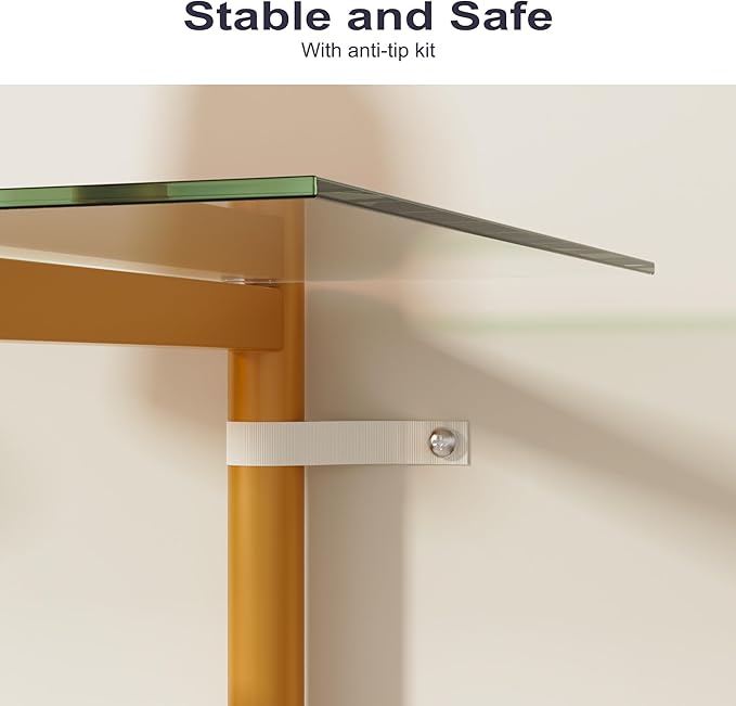 Glass Sofa Table, Mid-Century Modern Entryway Table with Tempered Glass & Golden Legs, 2-Tier Behind Couch Table for Living Room Hallway Entrance, White