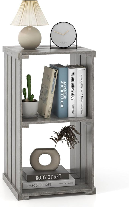 Giantex 2-Cube Bookcase, 3-Tier Paulownia Wood Cubic Organizer w/Open Back, Freestanding Cubby Storage Shelf, Slatted Wooden End Table, Farmhouse Style Bookcase for Living Room, Bedroom