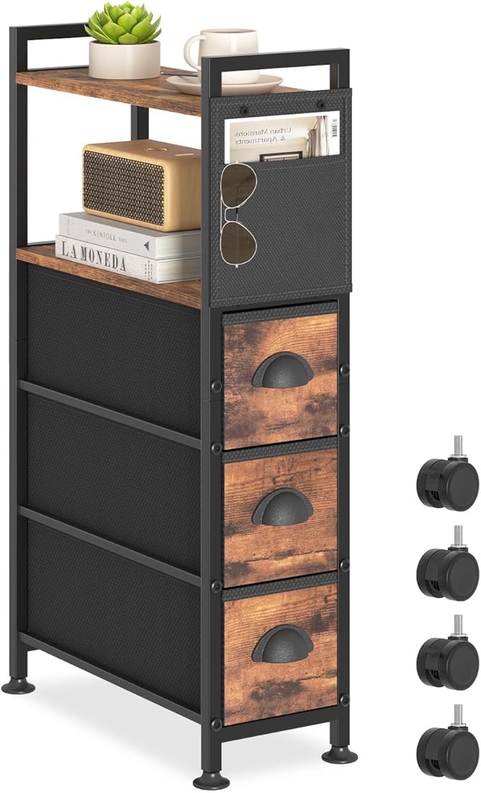 3 Drawer Narrow Dresser Side End Table Small Spaces, Slim Nightstand Bedside Sofa Table with Wheels, Space Saving Skinny Thin Couch Desk with Storage Bag for Bedroom Living Room Bathroom,Black