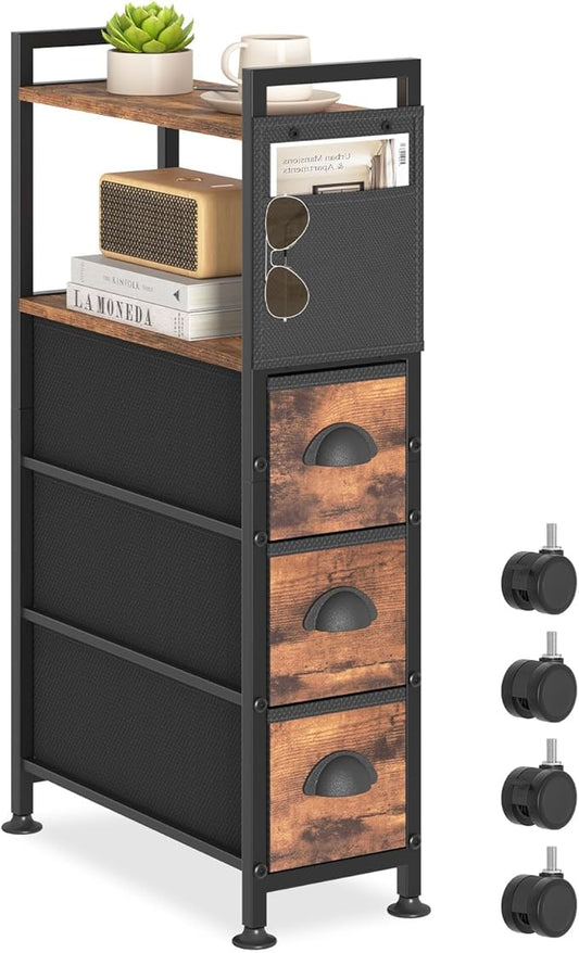 3 Drawer Narrow Dresser Side End Table Small Spaces, Slim Nightstand Bedside Sofa Table with Wheels, Space Saving Skinny Thin Couch Desk with Storage Bag for Bedroom Living Room Bathroom,Black