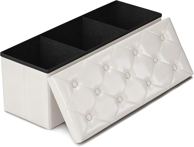 GLAXYFUR Storage Ottoman Bench, 43 Inches Folding Ottoman with 2 Dividers, PU Leather Foot Rest, End of Bed Bench, Storage Chest for Living Room, Bedroom and Entryway (White)